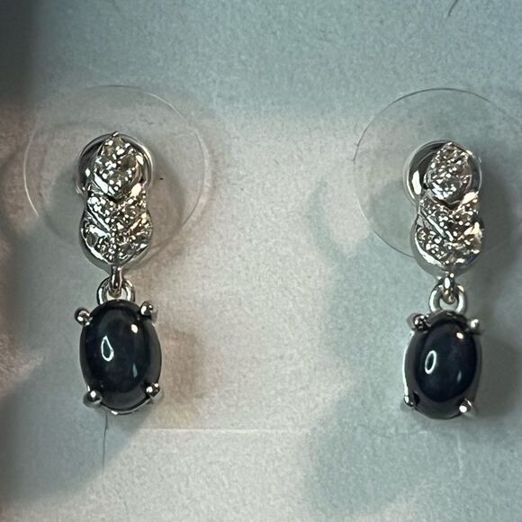 Blue Star Sapphire & Natural White Zircon Dangle Earrings Platinum / Sterling - Picture 1 of 9